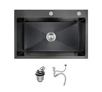 Évier de cuisine en acier inoxydable noir - Bol simple moderne pour bar et buanderie - Utilisation en extérieur avec raccord de tuyau - Finition nano-revêtement