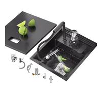 Évier de cuisine en acier inoxydable noir de qualité supérieure avec robinet relevable et rondelle cachée à bol unique pour maison, appartement, bar, camping-car - Kit d'installation complet inclus