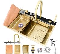 Évier De Cuisine en Acier Inoxydable Noir, évier Cascade, évier Multifonctionnel à Un Seul Bol, évier De Bar à Revêtement Nano Monté sur Le Dessus avec Robinet, Gold#2a, 68x45cm