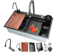 Évier De Cuisine en Acier Inoxydable Noir, évier Cascade, évier Multifonctionnel à Un Seul Bol, évier De Bar à Revêtement Nano Monté sur Le Dessus avec Robinet, Black#1a, 80x50cm