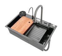 Évier de cuisine, en acier inoxydable, plan de travail, 75 x 46 x 20 cm, avec robinet cascade extensible, noir, convient pour les maisons privées, les restaurants, les buanderies et les cuisines