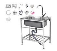 Évier de cuisine en acier inoxydable plus épais avec robinets - Évier utilitaire portable commercial à cuve unique pour extérieur/intérieur, maison, jardin, bar, restauration, hauteur 75 cm