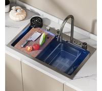Évier de cuisine en acier inoxydable Raindance cascade, Countertop Sink Drop-in or Undermount Installation,with Pull-out Faucet, Pressurized Cup Washer, Temperature Real-Time Display (68 * 45cm)