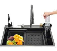 Évier de cuisine en acier inoxydable, robinet extensible, panier d'écoulement