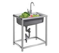 Évier de cuisine en acier inoxydable sur pied avec robinet et bonde, à cuve unique, idéal pour garage, buanderie, chambre, restaurant, atelier (53 x 38 x 74 cm)