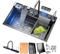 Évier de cuisine en acier inoxydable T304, en cascade, encastré, avec robinet numérique multifonctionnel, divers accessoires (85 x 45 cm, gris)
