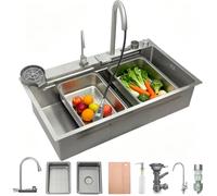 Évier de cuisine en cascade 85 x 50 cm, évier de cuisine en acier inoxydable brossé 304, lavabo de cuisine avec écran numérique, évier de cuisine avec panier de vidange, siphon, planche à découper