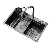 Évier de cuisine en cascade en acier inoxydable 304 multifonctionnel avec robinet rabattable et bonde de vidange supérieure, finition nano camping-car, encastrable ou goutte, gris, 68 x 45 x 22 cm