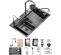 Évier De Cuisine en Cascade en Acier Inoxydable avec Robinet Extractible Évier à Cuve De Bar Unique Nano-Enduit à Montage Nano-revêtu, évier De Poste De Travail, Black-Grey B, 80x50cm