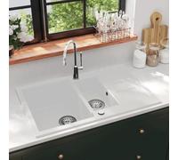 Évier de cuisine en granit double évier encastrable, Lavabo Cuisine à 2 bacs en granite, Granit Evier à poser, Blanc 80 x 50 x 30.6 cm