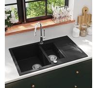 Évier de cuisine en granit double évier encastrable, Lavabo Cuisine à 2 bacs en granite, Granit Evier à poser, Noir 80 x 50 x 30.6 cm
