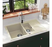 Évier de cuisine en granit double évier encastrable, Lavabo Cuisine à 2 bacs en granite, Granit Evier à poser, Beige 80 x 50 x 30.6 cm