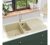 Évier de cuisine en granit double évier encastrable, Lavabo Cuisine à 2 bacs en granite, Granit Evier à poser, Beige 96 x 50 x 31 cm