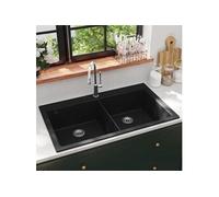 Evier de Cuisine Encastrable à 2 Bacs en Granite Noir Lave-main Lavabo 141675