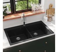 Évier de Cuisine Encastrable à 2 Bacs en Granite Noir Lave-main Lavabo vidaXL