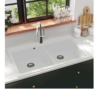 Évier de cuisine encastrable à 2 bacs - Granit blanc - 860x510 mm - Résistant à la chaleur jusqu'à 280°C