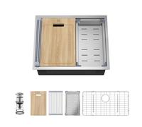 Évier de cuisine encastrable de 58,4 cm en acier inoxydable de calibre 16 pour poste de travail avec coins ronds, évier de cuisine à cuve unique avec accessoires, 58,4 x 48,3 x 25,4 cm