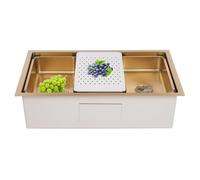 Évier de cuisine encastrable en acier inoxydable - 76 x 45,8 x 22 cm - Pour la cuisine - Plan de travail - 1 bac - Panier d'écoulement (doré)