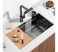 Évier De Cuisine Encastrable en Acier Inoxydable avec Cascade Et Robinet à Douchette Extractible, évier De Cuisine à Cuve Unique, Poste De Travail avec Plusieurs Accessoires, Black, 68x45x20cm