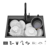 Évier de cuisine encastrable en acier inoxydable avec robinet distributeur de savon et ensemble de vidange - Bol unique nt Design pour bar et cuisine de préparation - 65 x 45 x 22 cm