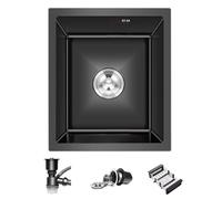 Évier de cuisine encastrable en acier inoxydable de 38 x 30 cm - Bassine compacte à cuve simple pour camping-car, bar, salle de bain et utilisation à la maison avec panier de vidange (noir, 35 x 25 x