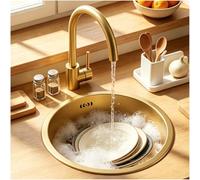 Évier de cuisine encastrable en acier inoxydable doré brossé - 32 x 32 cm - Design rond intégré avec filtre de vidange - Petit évier pour cuisine moderne