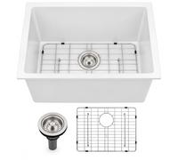 Évier de cuisine encastrable en granit de quartz blanc 61 cm | Évier utilitaire en quartz de 30,5 cm de profondeur, bac unique sous évier pour buanderie, cuisine, buanderie