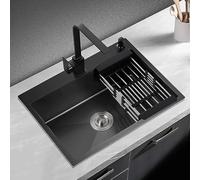 Évier de cuisine encastrable moderne en acier inoxydable noir avec robinet carré/égouttoir, profondeur 200 mm, pour cuisine, salle de bain, hôtel (55 x 45 cm)