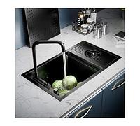 Évier de Cuisine encastré Noir, cuve Simple dissimulée, Bar Utilitaire extérieur avec Couvercle d'évier, Lave-gobelet, Robinet combiné, Surface Facile à Nettoyer pour Restaurant, Cuisine, hô