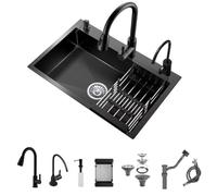 évier de cuisine encastré noir, évier monobol en acier inoxydable, évier de poste de travail monté sur le dessus avec robinet coulissant, savon et panier de vidange (Aec robinet, 50 * 45 * 20cm)