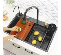 Évier de cuisine, évier cascade Flying Rain, lavabo pour lave-vaisselle, évier simple, poste de travail, évier de cuisine avec robinet extractible, planche à découper, lave-tasses, grand évier domes