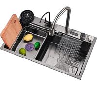 Évier De Cuisine,Évier Cascade Raindance,Ensemble D’évier Domestique,Évier en Acier Inoxydable 304,Évier Intégré avec Robinet Amovible, Grey, 68×46×21cm