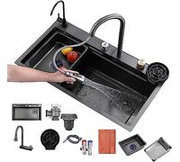 Évier de cuisine Évier de cascade de pluie volante en acier inoxydable 304, lavabo de lave-vaisselle, évier simple de poste de travail, avec robinet extractible, planche à découper, lave-tasse sous