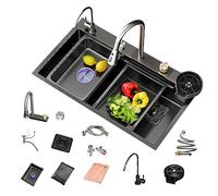 Évier de cuisine Évier de cascade de pluie volante en acier inoxydable 304, lavabo de lave-vaisselle, évier simple de poste de travail, avec robinet extractible, planche à découper, lave-tasse sous