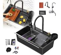 Évier de cuisine Évier de cascade de pluie volante en acier inoxydable 304, lavabo de lave-vaisselle, évier simple de poste de travail, avec robinet extractible, planche à découper, lave-tasse sous