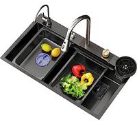 Évier de cuisine Évier de cascade de pluie volante Évier domestique, lavabo de lave-vaisselle, évier simple, poste de travail, évier de cuisine avec robinet extractible, planche à découper, lave-tas