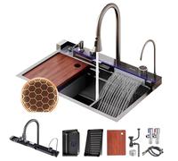 Évier de cuisine Évier double cascade Whale avec affichage LED avec lave-tasses, distributeur de savon, mélangeur cascade, commandes de comptoir, etc. (68 * 46 * 22cm, Gun grey)