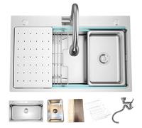 Évier de cuisine finition argentée, cuve unique de 50 cm de profondeur, 3 trous, multifonctionnel en acier inoxydable avec panier d'égouttage, bassin, siphon, trop-plein - Installation facile, à pose