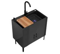 Évier de cuisine industriel à double cuve en acier inoxydable avec pieds réglables, robinet mélangeur à froid, évier à linge portable avec robinet et drain pour double usage