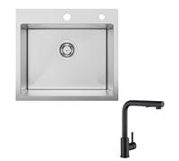 Évier de Cuisine Inox 1 Bac 50x45x18,5cm + Robinet Extractible Noir