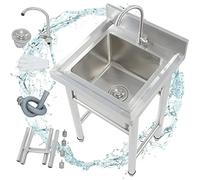 Évier de Cuisine INOX 1 Bac sur Pieds en Acier - Utilitaire Intérieur Extérieur avec Égouttoir et Robinet - Anti-Éclaboussures Lavabo Professionnel - Porteur 150kg