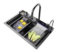 Évier de cuisine intelligent en acier inoxydable cascade avec affichage numérique, station de travail à cuve unique, nano-technologie, robinet monobloc, gris (75 x 46 x 22 cm)