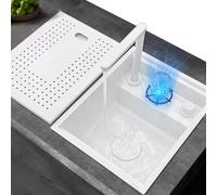 Évier De Cuisine Invisible Blanc avec Couvercle Évier De Bar avec Rondelle De Tasse Robinet Relevable Évier De Cuisine Simple, 38x48x21cm