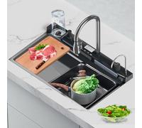 Évier de Cuisine,lavabo Cuisine Avecavec Trous pour Robinets et Distributeur de Savon,Évier à Cascade Numérique Acier Inoxydable,Cuisine Multifonction Accessoires D'évier Complets,75 * 46 * 21cm (A)