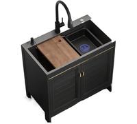 Évier de cuisine mobile en acier inoxydable avec armoire - Évier portable autonome avec support et robinet - Noir - 60 x 45 x 80 cm - Idéal pour une utilisation en extérieur et en intérieur