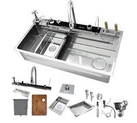 Évier de cuisine moderne argenté avec design nid d'abeille, affichage LED, pistolet pulvérisateur extractible, distributeur de savon et fonction de nettoyage, multifonction 100 x 50 cm