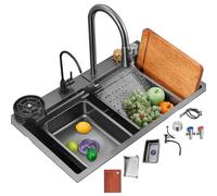 Évier de cuisine moderne en acier inoxydable 304 noir avec robinet cascade 75 x 45 cm Design encastré Style étagé 2 trous bonde pop-up et élégant