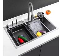 Évier de cuisine moderne en acier inoxydable avec bonde de vidange décalée et panier de vidange, design cascade, tapis antibruit, idéal pour les fermes, 80 x 45 x 23 cm