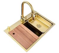 Évier de cuisine moderne en acier inoxydable doré avec robinet extractible et assemblage de vidange - Évier de préparation élégant à barre simple (80 x 46 x 22 cm) pour un lavage élégant de la