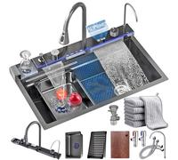 Évier de cuisine moderne en acier inoxydable en cascade, noir évier de cuisine 1 baignoire multifonction, évier de cuisine avec composant de drainage, planche à découper, lavages, distributeur de